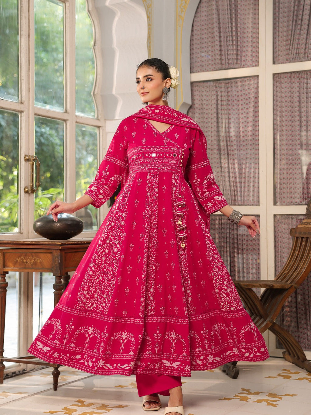 Hand Embroidered & Floral Jaal Printed Angarkha Style Anarkali Kurta With Pant & Coordinated Dupatta, Rani - Hiral Fashion - Distacart