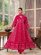 Hand Embroidered & Floral Jaal Printed Angarkha Style Anarkali Kurta With Pant & Coordinated Dupatta, Rani - Hiral Fashion - Distacart