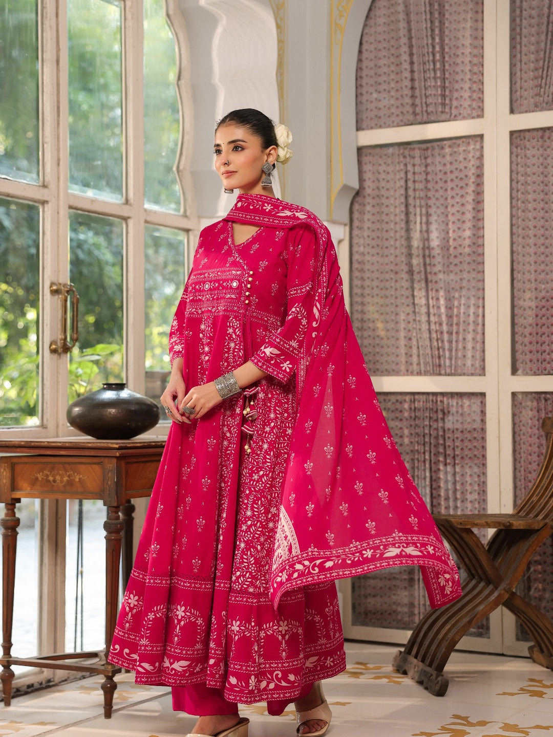 Hand Embroidered & Floral Jaal Printed Angarkha Style Anarkali Kurta With Pant & Coordinated Dupatta, Rani - Hiral Fashion - Distacart