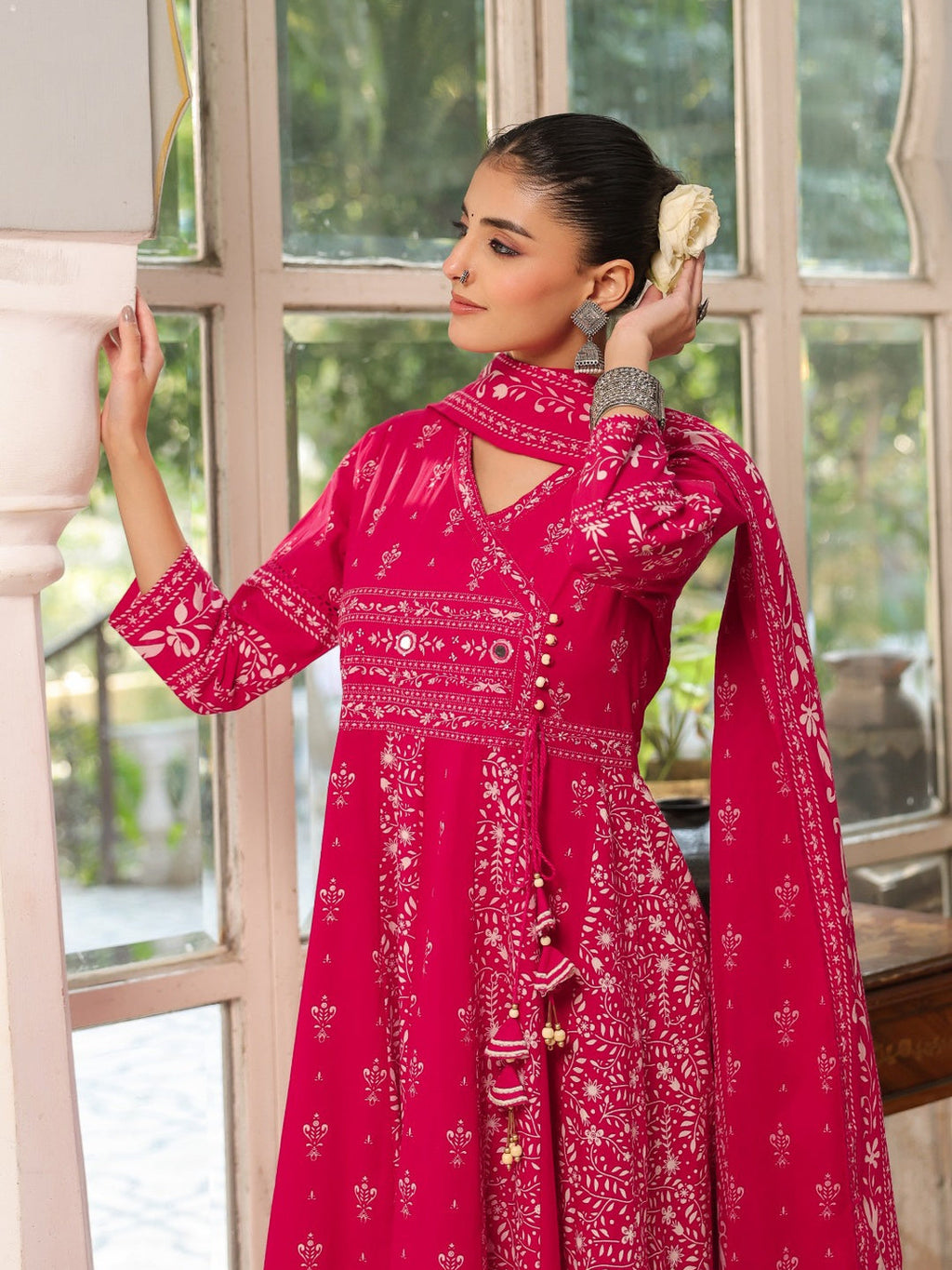 Hand Embroidered & Floral Jaal Printed Angarkha Style Anarkali Kurta With Pant & Coordinated Dupatta, Rani - Hiral Fashion - Distacart