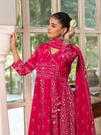 Hand Embroidered & Floral Jaal Printed Angarkha Style Anarkali Kurta With Pant & Coordinated Dupatta, Rani - Hiral Fashion - Distacart