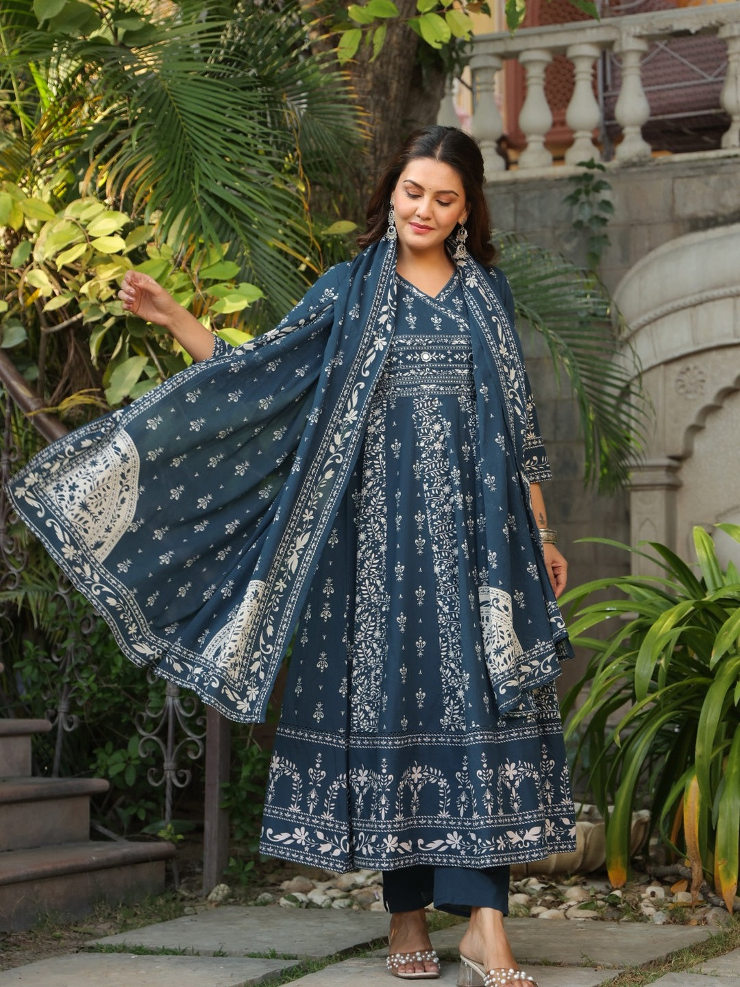 Hand Embroidered & Floral Jaal Printed Angarkha Style Anarkali Kurta With Pant & Coordinated Dupatta, Teal - Hiral Fashion - Distacart