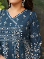 Hand Embroidered & Floral Jaal Printed Angarkha Style Anarkali Kurta With Pant & Coordinated Dupatta, Teal - Hiral Fashion - Distacart