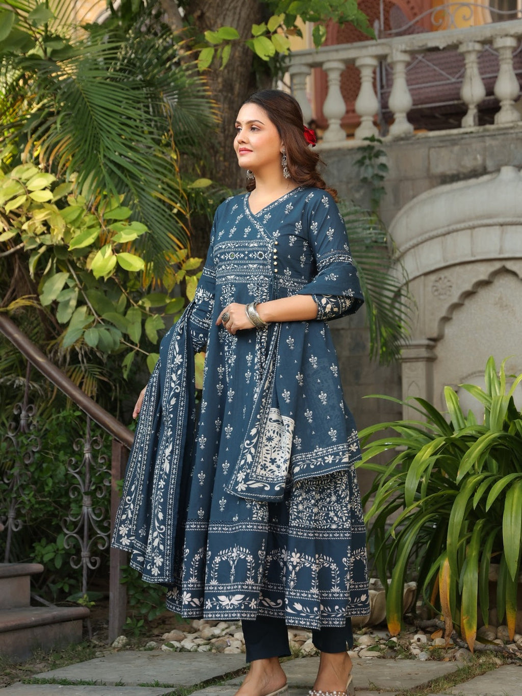 Hand Embroidered & Floral Jaal Printed Angarkha Style Anarkali Kurta With Pant & Coordinated Dupatta, Teal - Hiral Fashion - Distacart