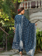 Hand Embroidered & Floral Jaal Printed Angarkha Style Anarkali Kurta With Pant & Coordinated Dupatta, Teal - Hiral Fashion - Distacart