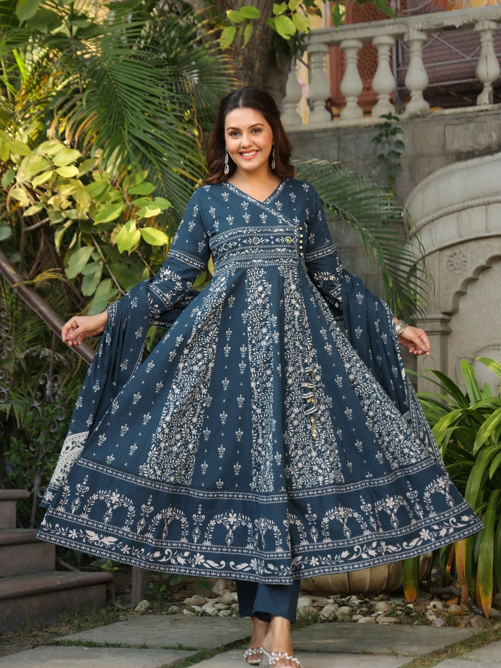 Hand Embroidered & Floral Jaal Printed Angarkha Style Anarkali Kurta With Pant & Coordinated Dupatta, Teal - Hiral Fashion - Distacart