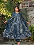 Hand Embroidered & Floral Jaal Printed Angarkha Style Anarkali Kurta With Pant & Coordinated Dupatta, Teal - Hiral Fashion - Distacart