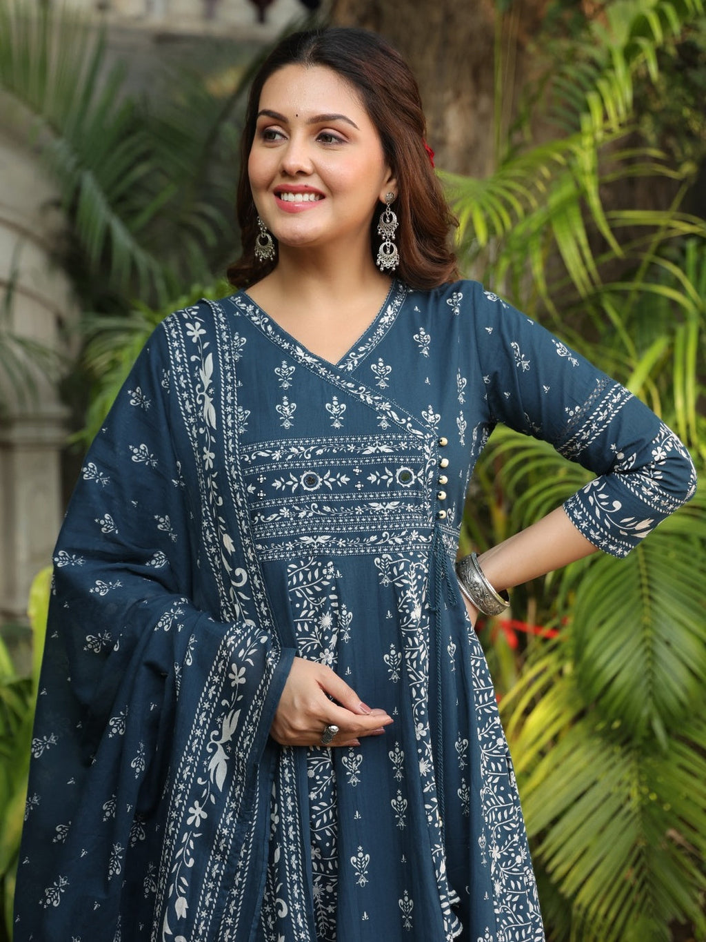 Hand Embroidered & Floral Jaal Printed Angarkha Style Anarkali Kurta With Pant & Coordinated Dupatta, Teal - Hiral Fashion - Distacart