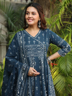 Hand Embroidered & Floral Jaal Printed Angarkha Style Anarkali Kurta With Pant & Coordinated Dupatta, Teal - Hiral Fashion - Distacart