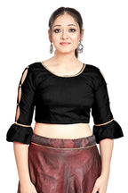 Aastha Fashion Black Art Silk Round Neck Sleeve Button Design Readymade Blouse