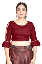 Aastha Fashion Maroon Art Silk Round Neck Sleeve Button Design Readymade Blouse