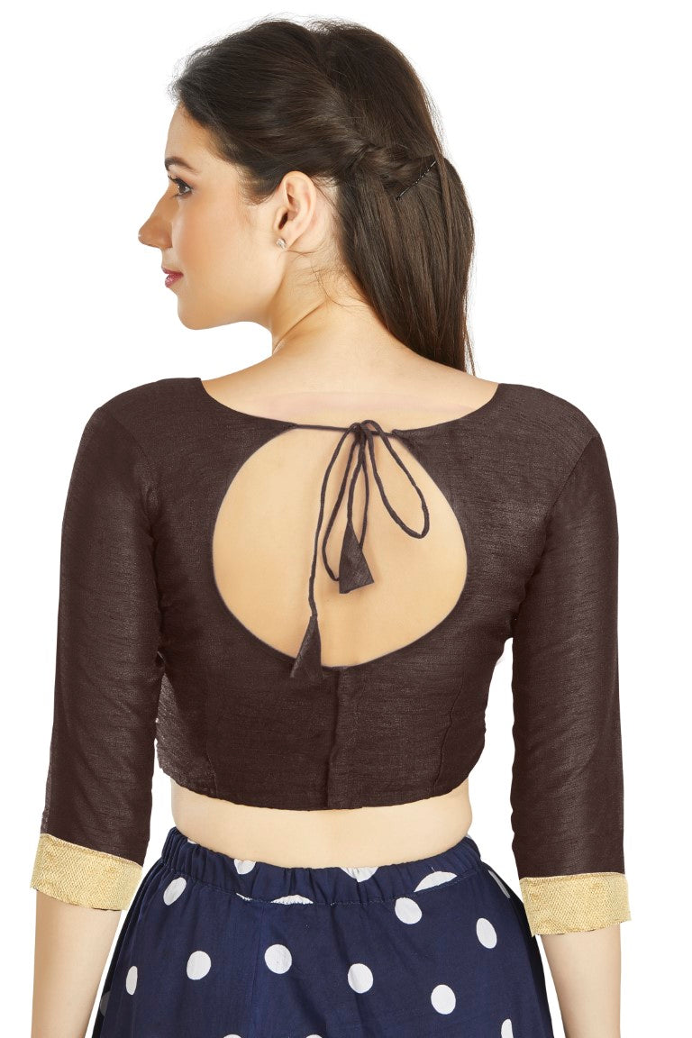 Aastha Fashion Brown Art silk U Neck Matty Work In Sleeve Readymade Blouse
