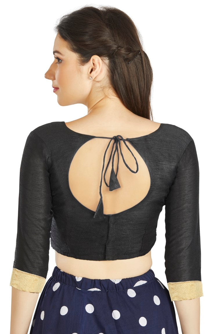 Aastha Fashion Black Art silk U Neck Matty Work In Sleeve Readymade Blouse