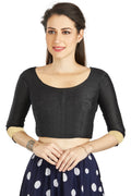 Aastha Fashion Black Art silk U Neck Matty Work In Sleeve Readymade Blouse