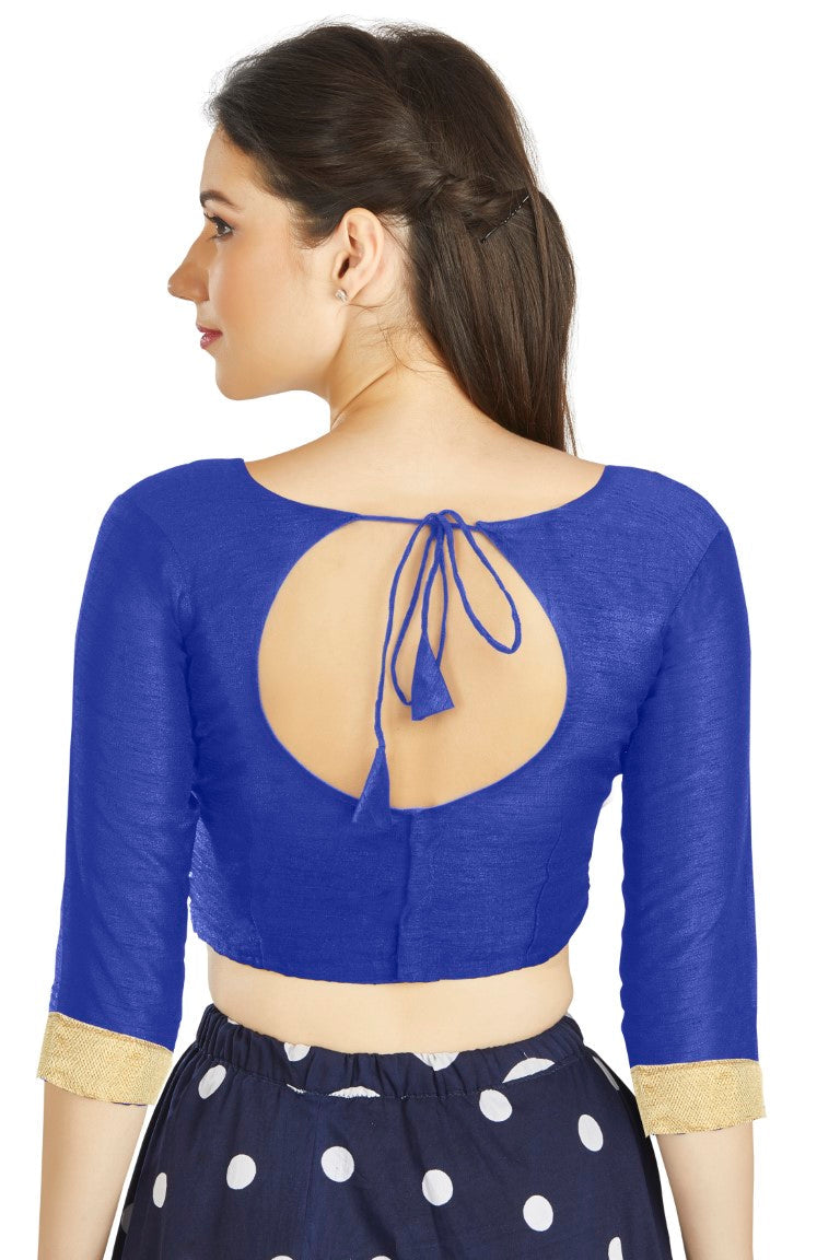 Aastha Fashion Blue Art silk U Neck Matty Work In Sleeve Readymade Blouse