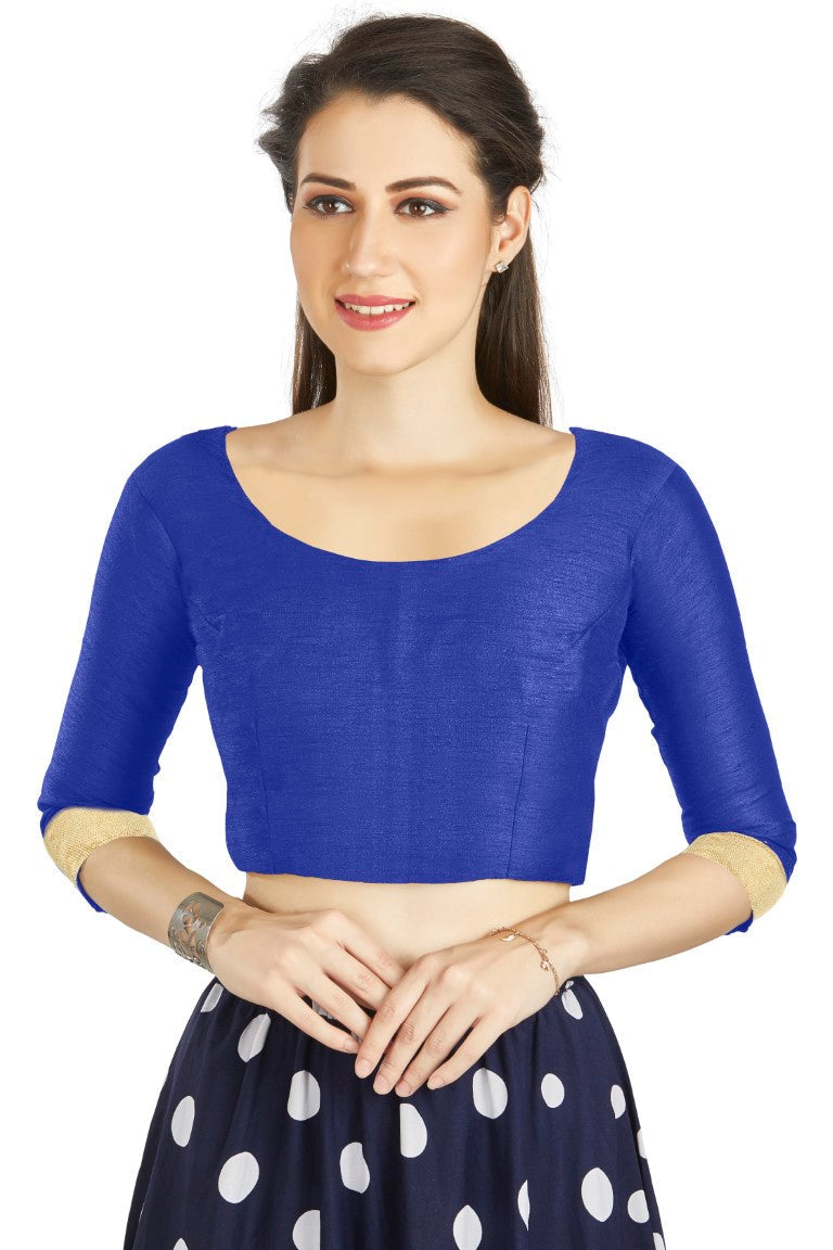 Aastha Fashion Blue Art silk U Neck Matty Work In Sleeve Readymade Blouse