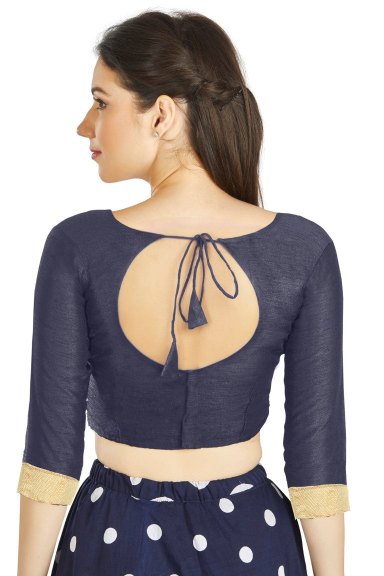 Aastha Fashion Navy Blue Art silk U Neck Matty Work In Sleeve Readymade Blouse
