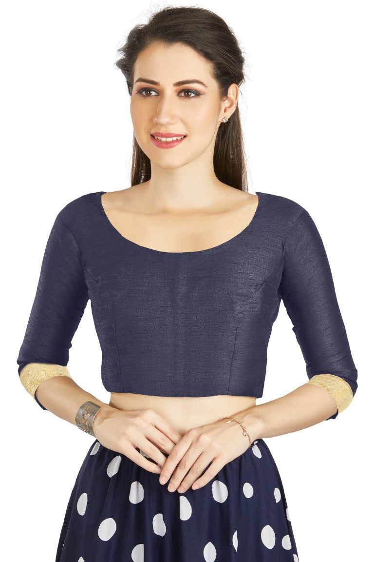 Aastha Fashion Navy Blue Art silk U Neck Matty Work In Sleeve Readymade Blouse