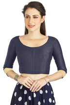 Aastha Fashion Navy Blue Art silk U Neck Matty Work In Sleeve Readymade Blouse