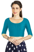 Aastha Fashion Turquoise Art silk U Neck Matty Work In Sleeve Readymade Blouse