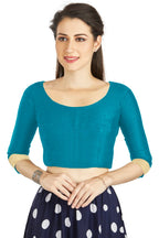 Aastha Fashion Turquoise Art silk U Neck Matty Work In Sleeve Readymade Blouse