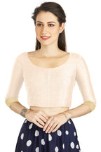 Aastha Fashion Off White Art silk U Neck Matty Work In Sleeve Readymade Blouse