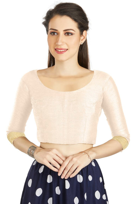 Aastha Fashion Off White Art silk U Neck Matty Work In Sleeve Readymade Blouse