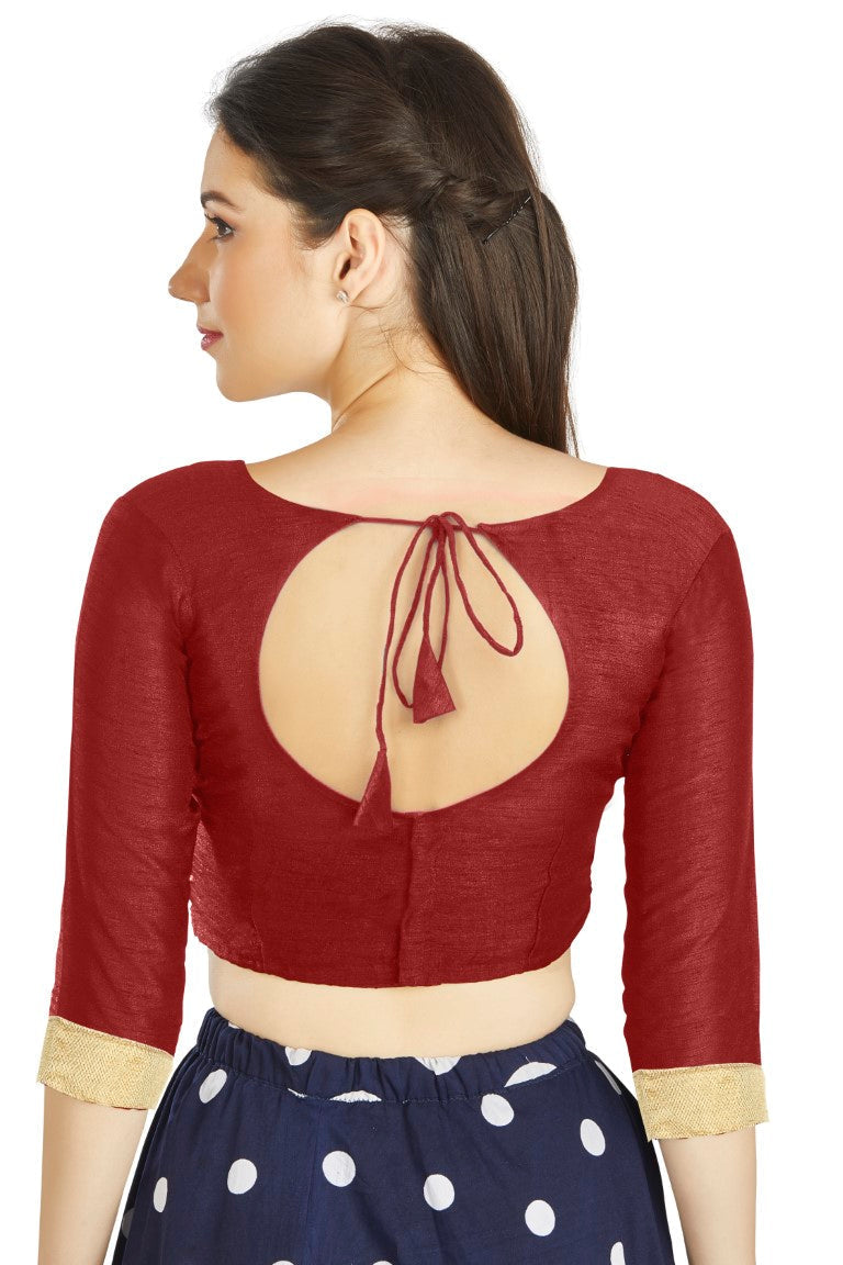 Aastha Fashion Maroon Art silk U Neck Matty Work In Sleeve Readymade Blouse