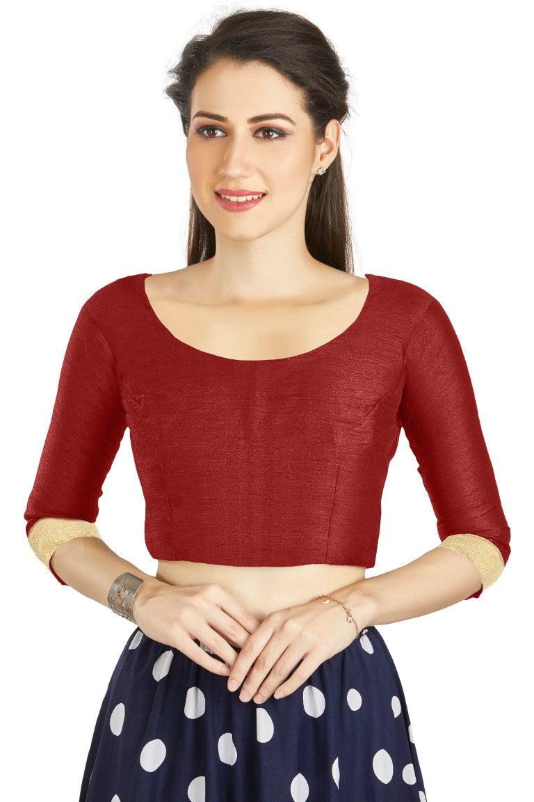 Aastha Fashion Maroon Art silk U Neck Matty Work In Sleeve Readymade Blouse