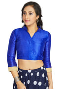 Aastha Fashion Royal Blue Art Silk V Neck Chinese Collar Matty In Sleeve Readymade Blouse