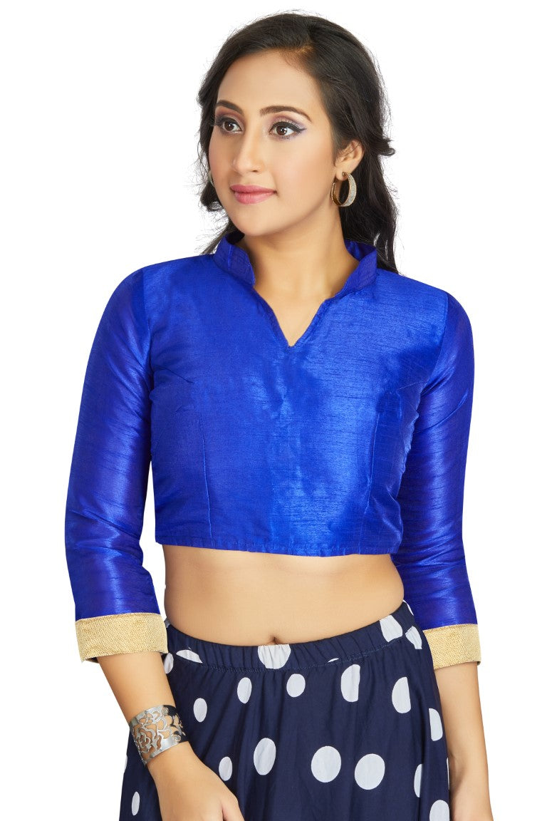 Aastha Fashion Royal Blue Art Silk V Neck Chinese Collar Matty In Sleeve Readymade Blouse