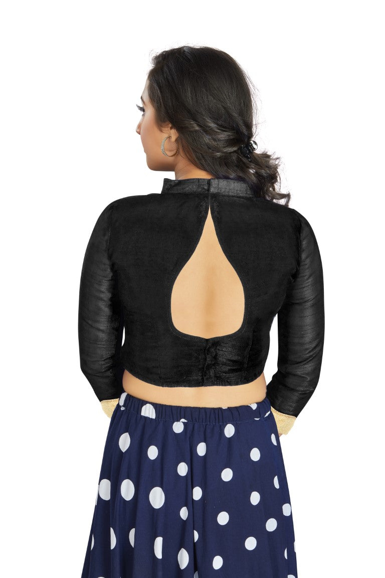 Aastha Fashion Black Art Silk V Neck Chinese Collar Matty In Sleeve Readymade Blouse