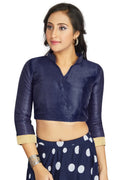 Aastha Fashion Navy Blue Art Silk V Neck Chinese Collar Matty In Sleeve Readymade Blouse