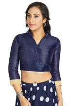 Aastha Fashion Navy Blue Art Silk V Neck Chinese Collar Matty In Sleeve Readymade Blouse