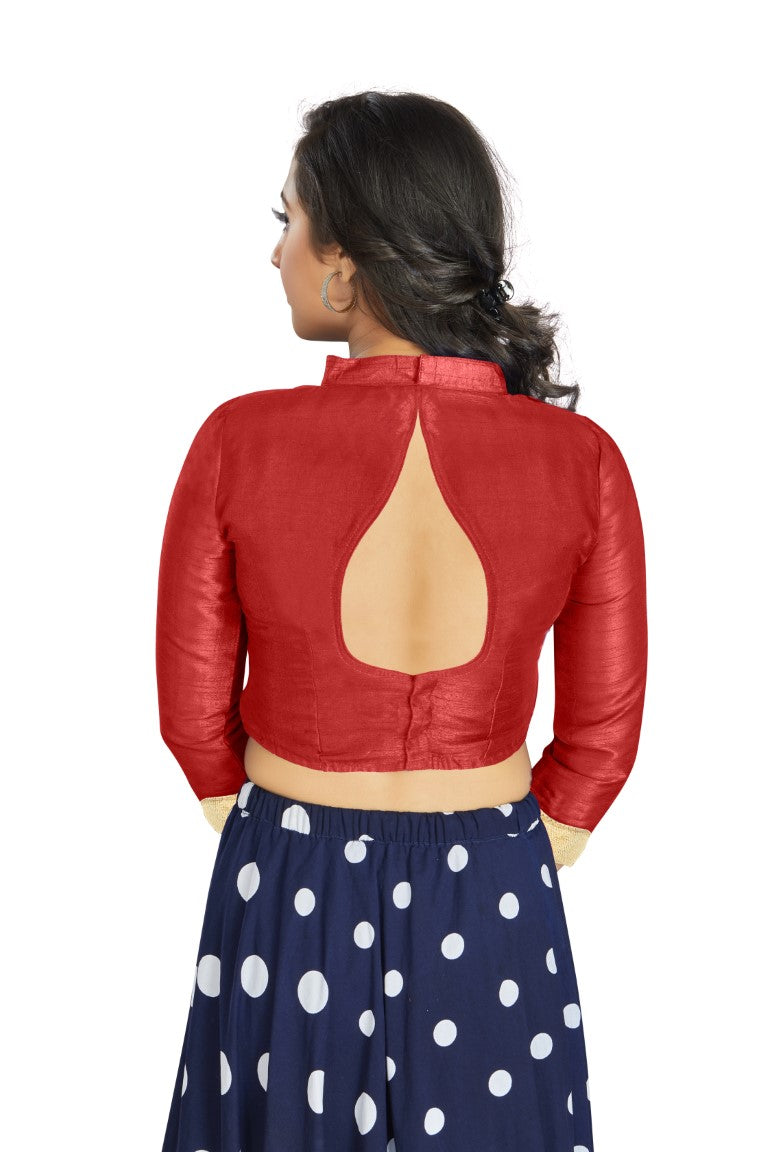 Aastha Fashion Red Art Silk V Neck Chinese Collar Matty In Sleeve Readymade Blouse