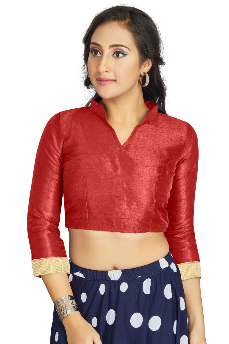 Aastha Fashion Red Art Silk V Neck Chinese Collar Matty In Sleeve Readymade Blouse