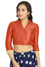 Aastha Fashion Orange Art Silk V Neck Chinese Collar Matty In Sleeve Readymade Blouse
