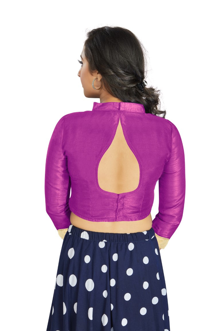 Aastha Fashion Purple Art Silk V Neck Chinese Collar Matty In Sleeve Readymade Blouse