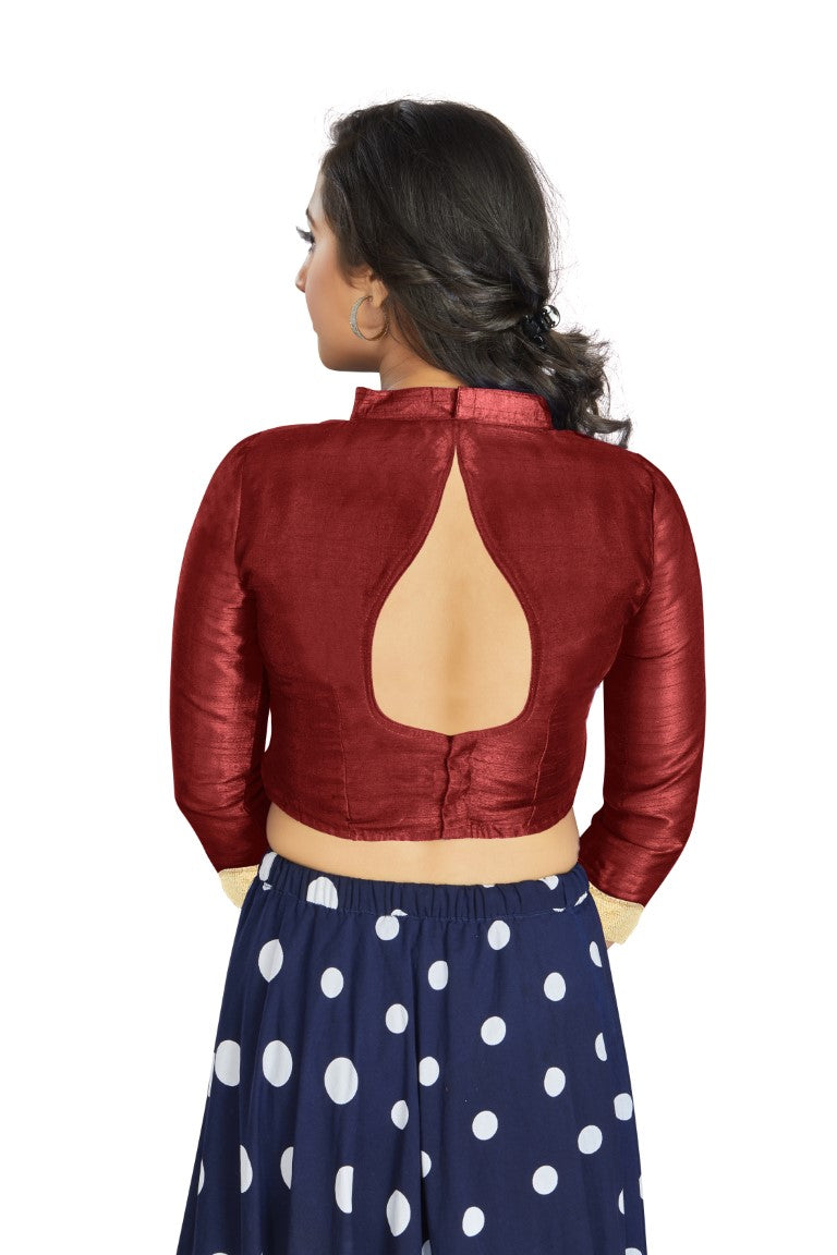 Aastha Fashion Maroon Art Silk V Neck Chinese Collar Matty In Sleeve Readymade Blouse