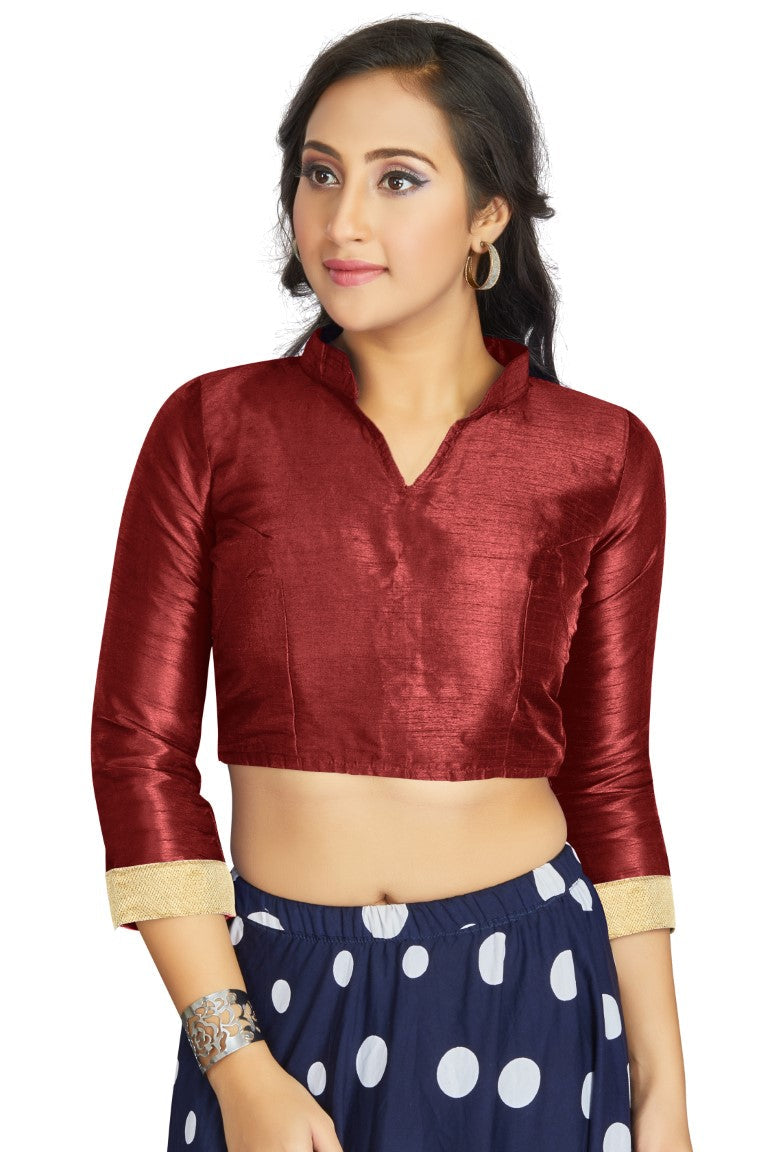 Aastha Fashion Maroon Art Silk V Neck Chinese Collar Matty In Sleeve Readymade Blouse