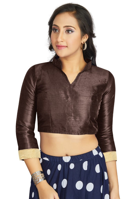 Aastha Fashion Brown Art Silk V Neck Chinese Collar Matty In Sleeve Readymade Blouse