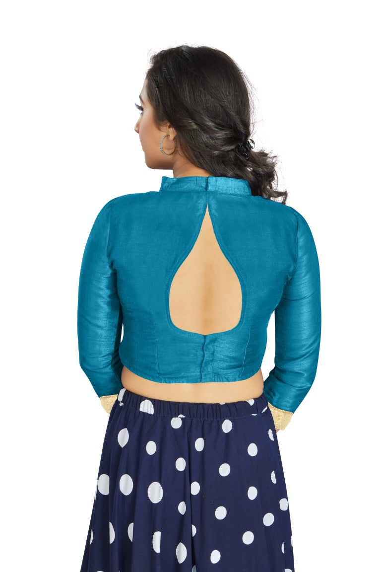 Aastha Fashion Sky Blue Art Silk V Neck Chinese Collar Matty In Sleeve Readymade Blouse