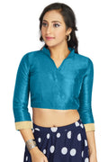 Aastha Fashion Sky Blue Art Silk V Neck Chinese Collar Matty In Sleeve Readymade Blouse