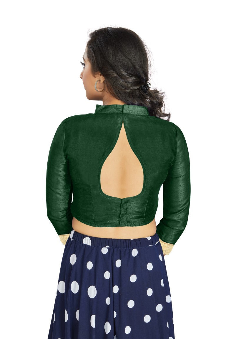 Aastha Fashion Green Art Silk V Neck Chinese Collar Matty In Sleeve Readymade Blouse