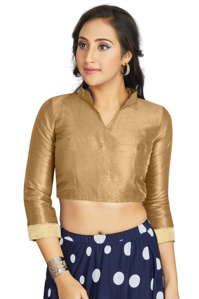 Aastha Fashion Beige Art Silk V Neck Chinese Collar Matty In Sleeve Readymade Blouse