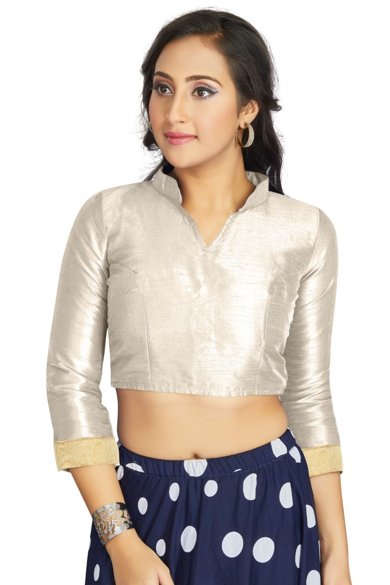 Aastha Fashion Off White Art Silk V Neck Chinese Collar Matty In Sleeve Readymade Blouse