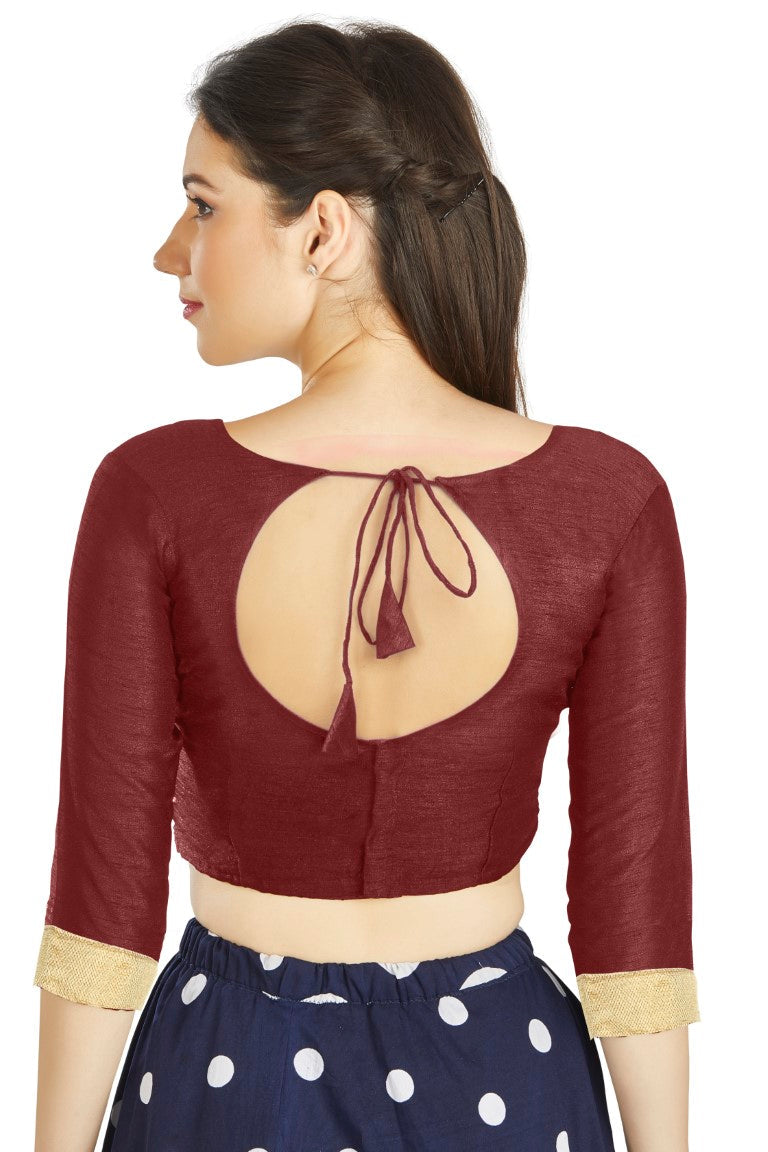 Aastha Fashion Dark Maroon Art Silk Sweet Heart Neck style Matty in Sleeves Readymade Blouse