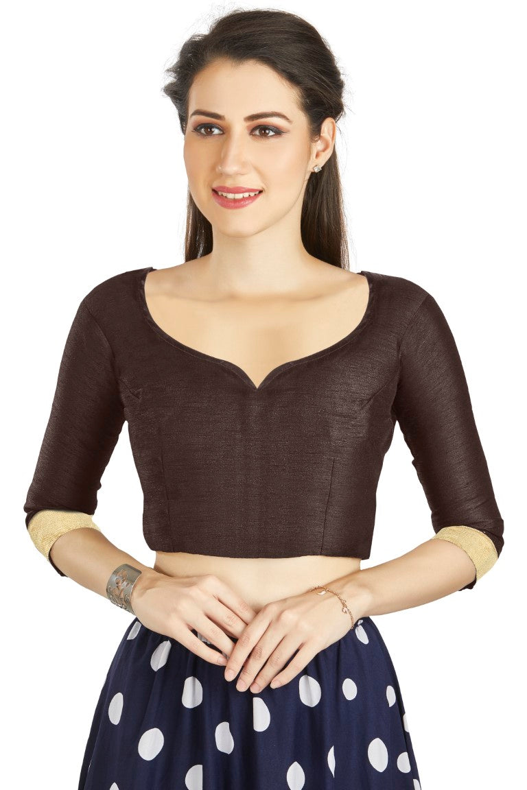 Aastha Fashion Brown Art Silk Sweet Heart Neck style Matty in Sleeves Readymade Blouse