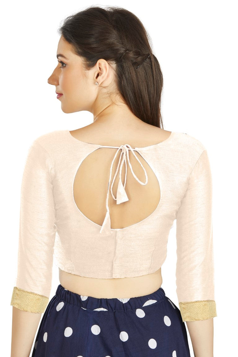 Aastha Fashion Off White Art Silk Sweet Heart Neck style Matty in Sleeves Readymade Blouse