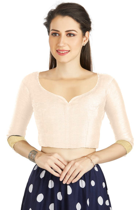 Aastha Fashion Off White Art Silk Sweet Heart Neck style Matty in Sleeves Readymade Blouse